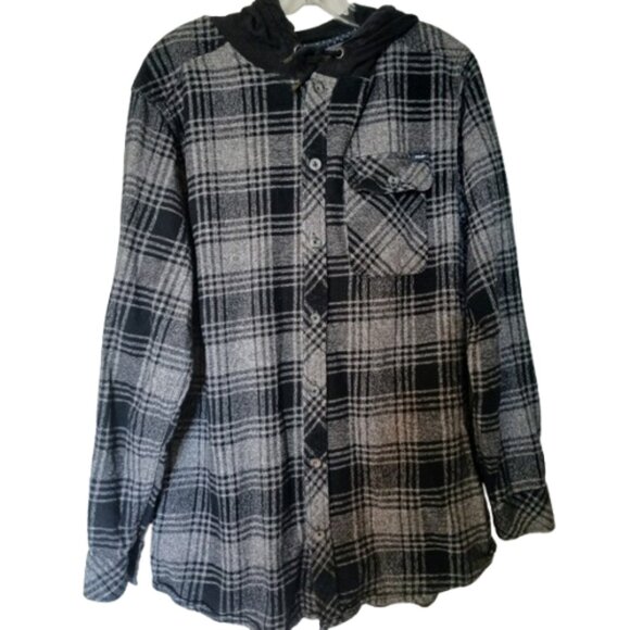 Kolby Men's Black and Gray Plaid Casual Flannel Hooded Button Down Shirt Size L - Picture 2 of 8